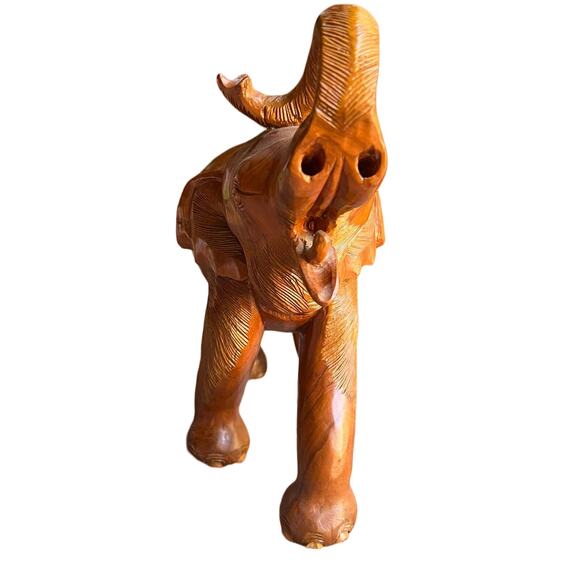 Vintage Hand Carved Large Wooden Elephant Staue Sculpture Trunk Up - Picture 10 of 12